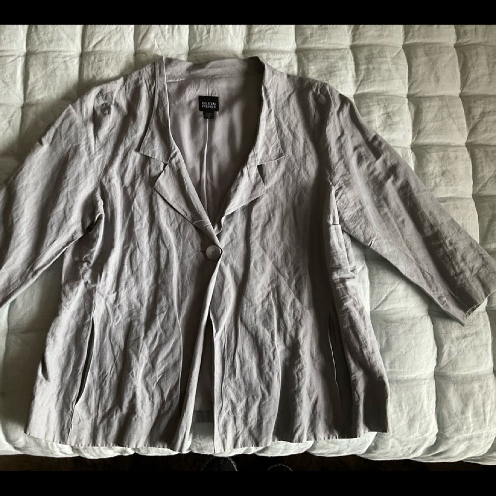 Eileen Fisher silver blue, slate blue jacket wrinkled texture fabric.